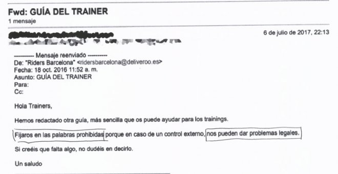 Correo de Deliveroo a sus formadores donde les invita a evitar una serie de palabras prohibidas