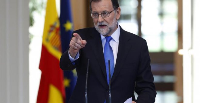 El presidente del Gobierno, Mariano Rajoy, durante su comparecencia hoy en Moncloa.- EFE