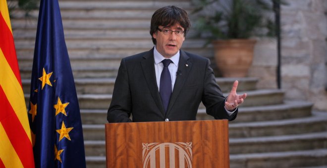 El president de la Generalitat, Carles Puigdemont, en la seva intervenció d'aquest dissabte