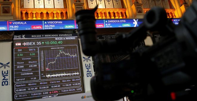 Una cámara de televisión enfoca el panel de la Bolsa de Madrid que refleja la evolución hoy del Ibex 35, principal indicador del mercado bursátil español. EFE/Mariscal