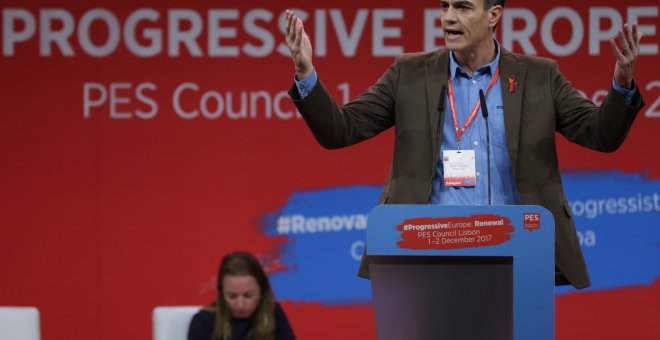 El secretario general del PSOE, Pedro Sánchez, durante la apertura de la asamblea del Grupo de la Alianza Progresista de Socialistas y Demócratas en Lisboa. EFE/ Tiago Petinga