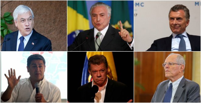 De izquierda a derecha y de arriba a abajo, Sebastián Piñera (Chile), Michel Temer (Brasil), Mauricio Macri, Juan Orlando Hernandez (Honduras), Juan Manuel Santos (Colombia) y Pedro Pablo Kuczynski (Perú). REUTERS