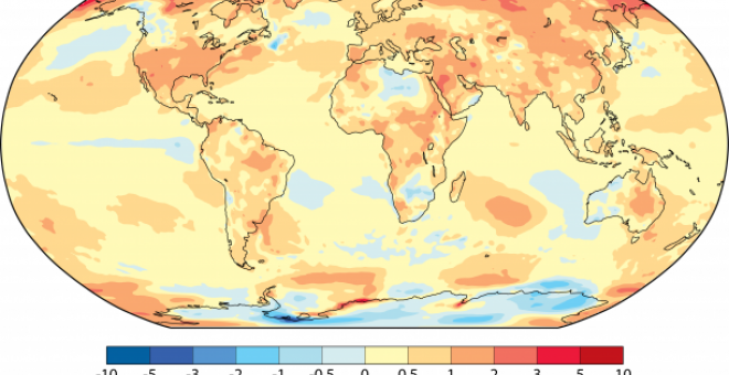 Diferencia de temperaturas en 2017 con respecto a las registradas en el periodo entre 1981 y 2010. OMM