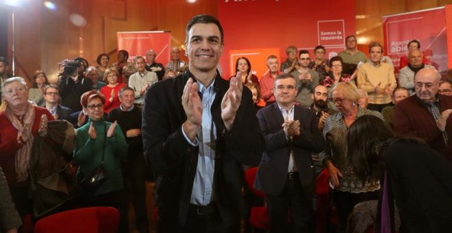 El secretario general del PSOE, Pedro Sánchez, interviene esta tarde en Leganés, en un acto en el que se aborda la actual situación de las pensiones y se estudiarán medidas que garanticen la sostenibilidad del sistema. EFE/Kiko Huesca