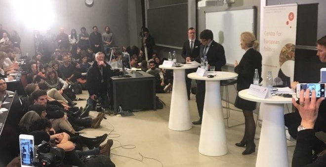 Puigdemont, en la conferencia en la Universidad de Copenhague. / EP