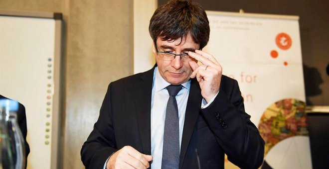 El expresident Carles Puigdemont, durante el coloquio organizado por la Universidad de Copenhague, Dinamarca. - EFE