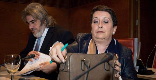 La presidenta de la Plataforma por las Garantías Ciudadanas, Inmaculada Sánchez Ruiz (d), y el abogado de la entidad, Alberto Ganga (i), comparecen ante la Comisión de Investigación de la Financiación de los Partidos Políticos del Senado desde la que el P