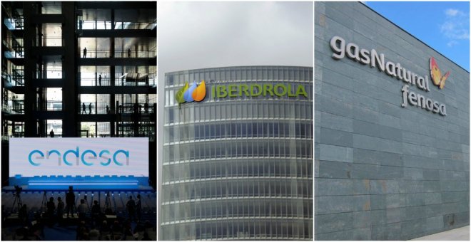 El logo de las tres grandes eléctricas, Endesa, Iberdrola y Gas Natural Febosa, en sus respectivas sedes.