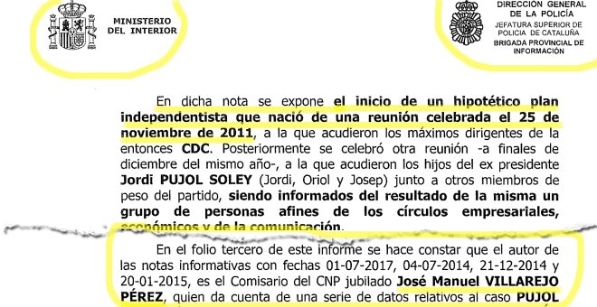 Dos fragmentos del informe de la Policía sobre el material incautado a los Mossos: no se identifica la "nota informativa" como de Villarejo hasta tres páginas después de detallar su contenido sensacionalista.