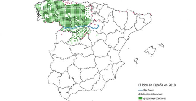 Mapa de distribución del lobo ibérico en España elaborado por Ángel M. Sánchez (Coord. Gral. Voluntariado Censo lobo ibérico) y Observatorio Sostenibilidad.