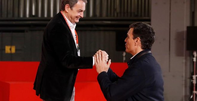 El expresidente del Gobierno, José Luis Rodríguez Zapatero (i9, junto al secretario general, Pedro Sánchez, durante la inauguración de la Escuela Buen Gobierno Jaime Vera del PSOE, esta tarde en Madrid. EFE/Juan Carlos Hidalgo