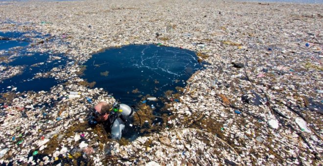 Isla de plásticos detectada el año pasado frente a las costas de Honduras por la fotógrafa Caroline Power, que ha dado lugar a un incidente diplomático con Guatemala.