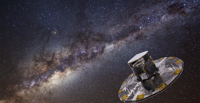 Ilustración de la sonda espacial Gaia sobre una imagen del cielo. ESA/ESO