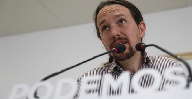 25/05/2018.- El secretario general de Podemos, Pablo Iglesias, durante la rueda de prensa ofrecida esta tarde en la sede de la formación, en Madrid. Iglesias, ha asegurado hoy que no pondrá condiciones a Pedro Sánchez para apoyar la moción de censura del