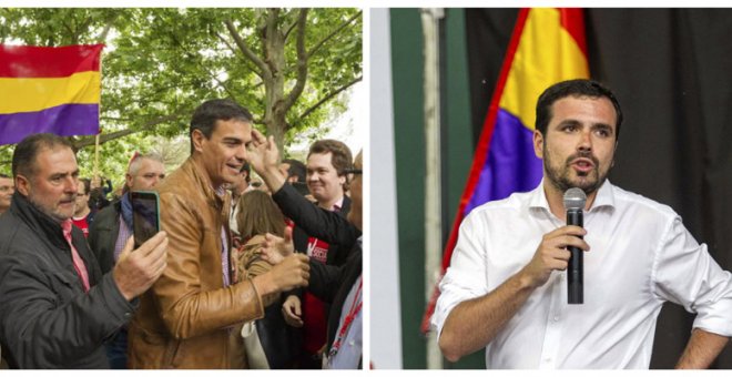 A la izquierda, Pedro Sánchez en el cementerio de Paterna durante la presentación de su propuesta para reformar la Ley de Memoria; a la derecha Alberto Garzón, líder de IU