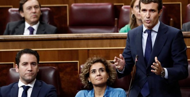 12/09/2018.- El presidente del PP, Pablo Casado, interviene en la sesión de control al Gobierno hoy en el Congreso. EFE/Mariscal