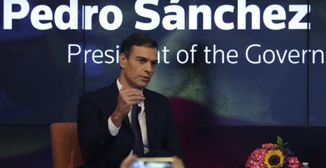 27/09/2018.- El presidente del Gobierno español, Pedro Sánchez, interviene en un foro de la agencia Reuters hoy en Nueva York. EFE/Ballesteros