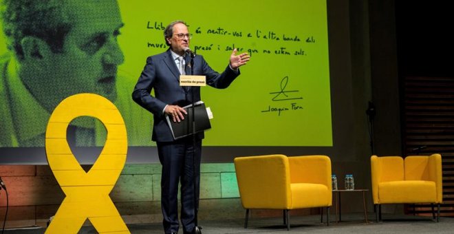 El presidente de la Generalitat, Quim Torra, interviene en la presentación del libro 'Escrits de presó' del exconseller de Interior Joaquim Forn. - EFE