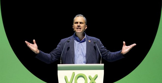 El secretario general de Vox, Javier Ortega Smith, durante el acto de la organización en el Palacio de Vistalegre de Madrid - EFE/ Paolo Aguilar