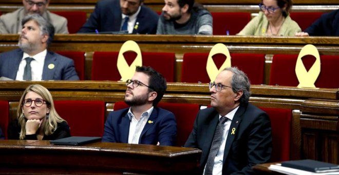 El presidente de la Generalitat, Quim Torra,el vicepresidente del Govern Pere Aragonès y La consellera de la Presidencia, Elsa Artadi. - EFE