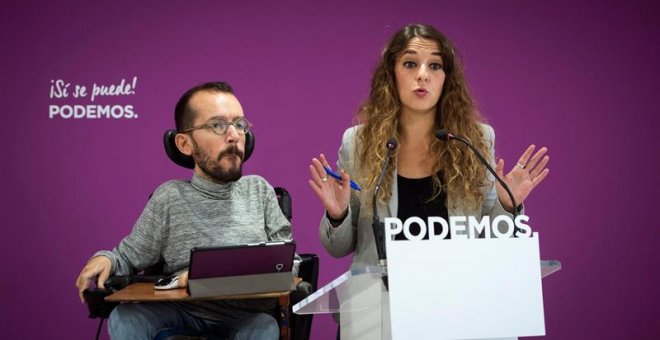 El secretario de Organización de Podemos Pablo Echenique, y la portavoz de Podemos Noelia Vera, durante rueda de prensa tras el Consejo de Podemos.-EFE/Luca Piergiovanni