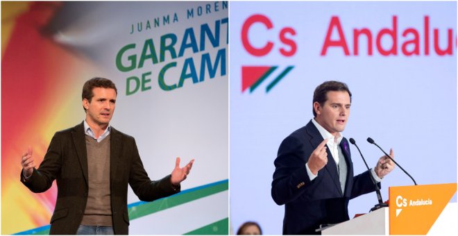 Los líderes nacionales de PP, Pablo Casado, y de Ciudadanos,  Albert Rivera, en sendos mítines de la campaña de las elecciones andaluzas del 2-D. EFE