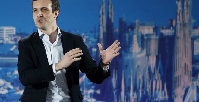 El presidente del PP, Pablo Casado en el acto de presentación en Barcelona de los candidatos del PPC a las alcaldías de las cuatro capitales catalanas.- EFE/Andreu Dalmau