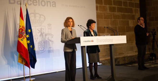 Imagen de la rueda de prensa posterior al Consejo de Ministros en Barcelona. EP