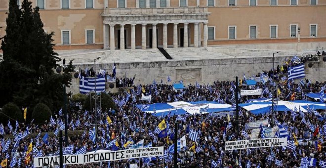 People from all over Greece protest against the Prespes agreement between Athens and Skopje regarding the name 'Northern Macedonia' for the Balkan country, at a rally in Syntagma Square, Athens, Greece, 20 January 2019. The naming dispute aroused after th