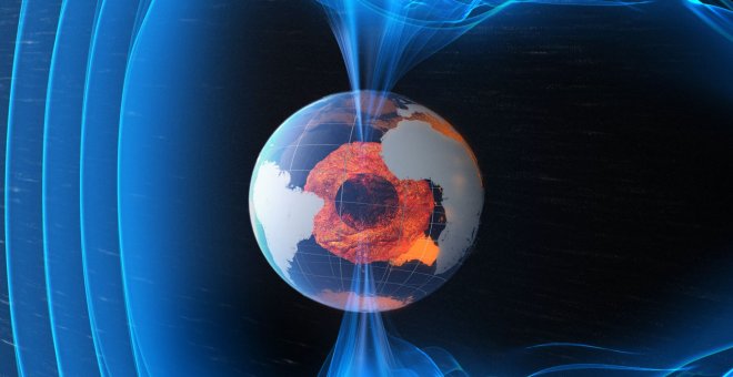 Representación del campo magnético que emana del interior del planeta, deformado por el viento solar en la parte izquierda./ESA