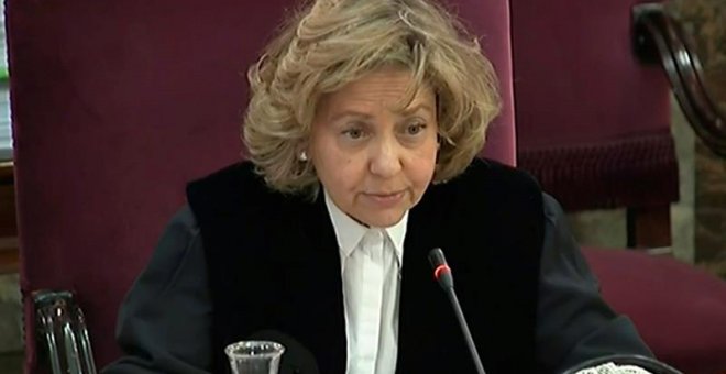 Imagen de la señal institucional del Tribunal Supremo de la fiscal Consuelo Madrigal este martes en el juicio del "procés". EFE/Tribunal Supremo