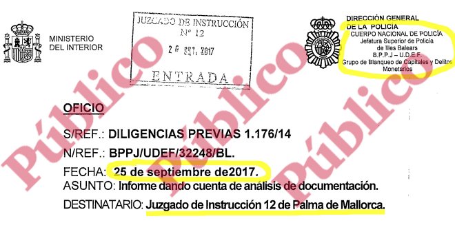 Encabezado del macro-informe del Grupo de Blanqueo de la UDEF, dirigido al Juzgado de Instrucción nº12 de Palma de Mallorca, sobre dos décadas de organización criminal mafiosa del PP en Baleares.