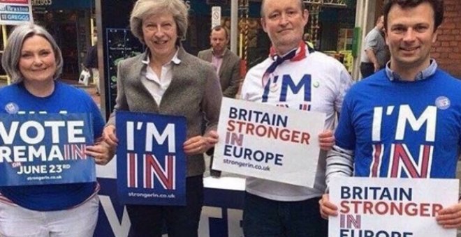 Theresa May hace campaña para permanecer en la UE. Fotografía: Twitter