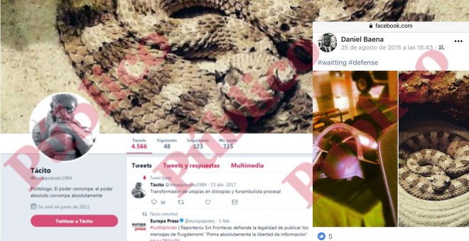 La portada de la cuenta de 'Tácito' en Twitter, encabezada por la misma serpiente que el coronel Daniel Baena emplea en su cuenta personal de Facebook (derecha), cerrada a cal y canto.