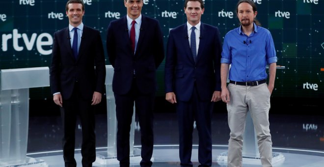 Pablo Casado, Pedro Sánchez, Albert Rivera y Pablo Iglesias en el debate a cuatro en RTVE. /REUTERS