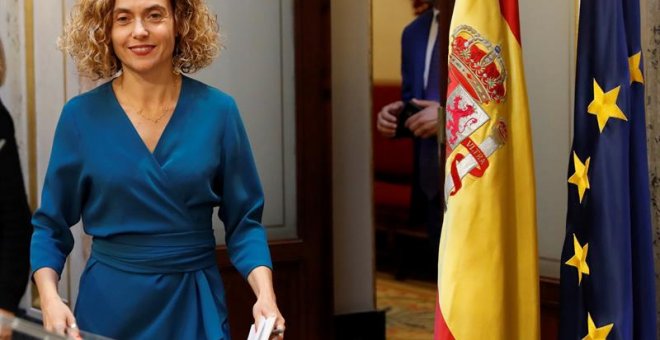 La presidenta del Congreso, Meritxell Batet, durante la rueda de prensa ofrecida este miércoles en el Congreso