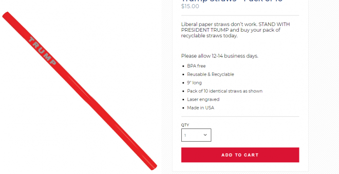 Pajitas de plástico que se venden en la web de campaña de Donald Trump.