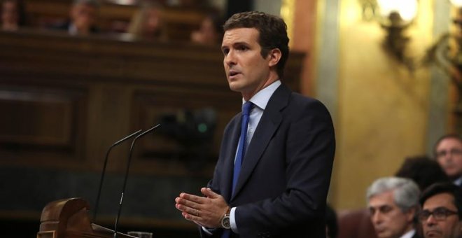 22/07/2019.-El presidente del Partido Popular, Pablo Casado, durante su intervención su intervención en la primera jornada del debate de investidura que afronta el líder socialista y que puede desembocar en su elección como presidente del primer Ejecutivo