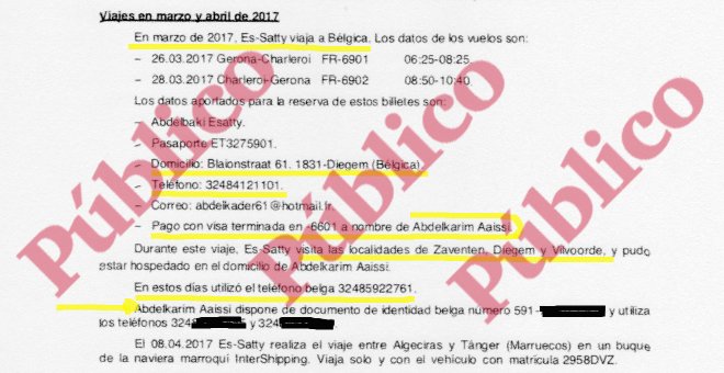 Fragmento del informe reservado del CNI sobre los viajes que hizo el imán de Ripoll a Bélgica y Tánger en marzo y abril de 2017.