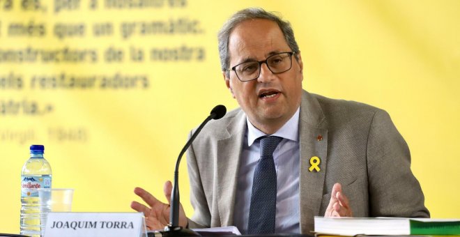 El president Quim Torra durant una conferència a la Universitat Catalana d'Estiu, a Prada de Conflent. Govern
