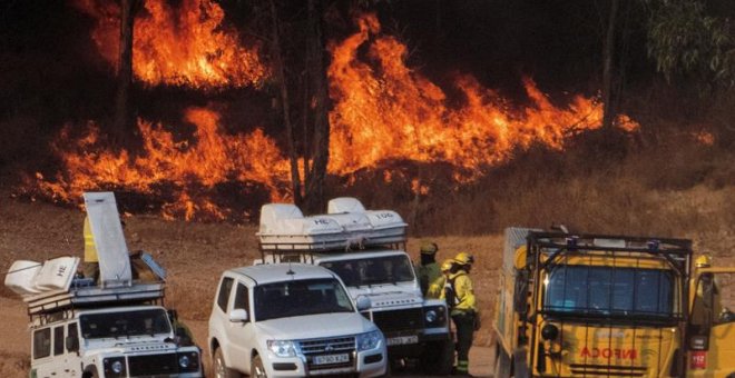 El incendio forestal declarado este jueves en el paraje El Chorrito de Paterna del Campo (Huelva) está fuera de la capacidad de extinción debido a la velocidad y la dirección del viento, sobre todo en la cabeza del fuego, que avanza a tres kilómetros por