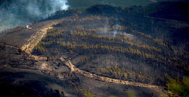 14/09/2019.- Zonas afectadas por el incendio que se mantiene activo desde la tarde del viernes en el municipio orensano de A Gudiña, que ha arrasado hasta el momento 440 hectáreas, si bien la situación ha quedado algo más controlada por las lluvias caídas