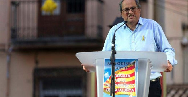 El presidente de la Generalitat, Quim Torra, durante el acto conmemorativo del décimo aniversario de la primera consulta sobre la independencia de Catalunya que se celebró en la localidad barcelonesa de Arenys de Munt en septiembre de 2019. (ENRIC FONTCUB