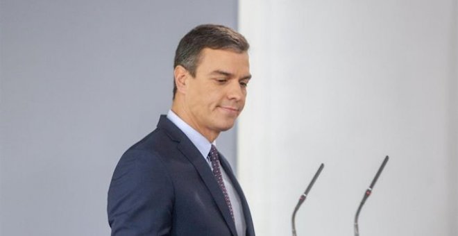 El presidente del Gobierno en funciones, Pedro Sánchez, durante su comparecencia en el Palacio de la Moncloa. - EUROPA PRESS