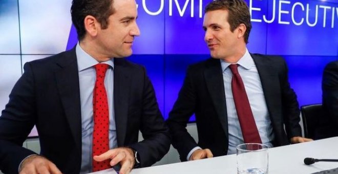 El presidente nacional del PP, Pablo Casado (derecha), y el secretario general de la formación, Teodoro García Egea, durante una reunión del Comité Ejecutivo Nacional.