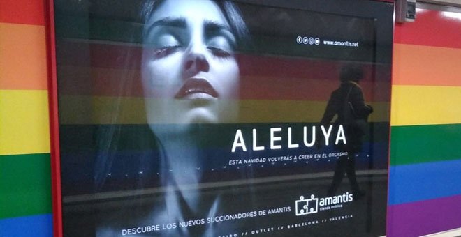 Cartel de la campaña publicitaria en el Metro de Madrid centrada en el orgasmo femenino y los los succionadores de clítoris. / AMANTIS