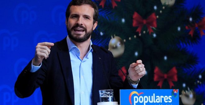 MADRID, 14/12/2019.- El presidente del PP, Pablo Casado, interviene durante la comida de Navidad del PP de Madrid, a la que han asistido entre otros la presidenta de la Comunidad de Madrid, Isabel Díaz Ayuso, y el alcalde de la capital, José Luis Martínez