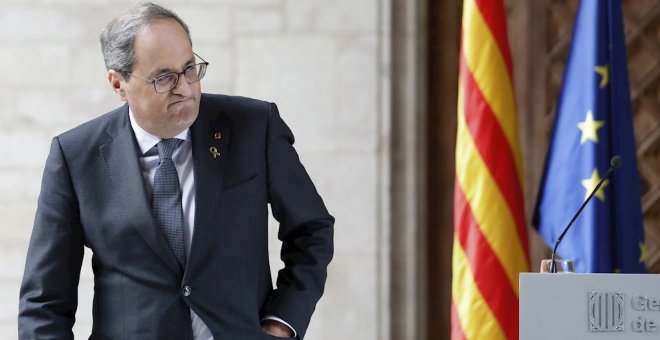 El presidente de la Generalitat, Quim Torra, durante su comparecencia en la Galería Gótica del Palau de la Generalitat. - EFE
