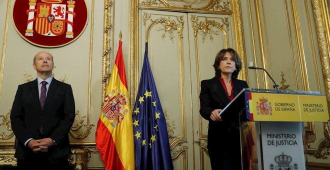 Dolores Delgado, durante su intervención en el acto toma de posesión del nuevo ministro de Justicia, Juan Carlos Campo,  en el Palacio de Parcent. EFE/Ballesteros