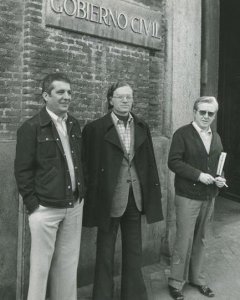 De izquierda a derecha Jesús Mancho (UGT),  Nicolás Sartorius (CCOO) y Manuel Zaguirre (USO) en 1977.